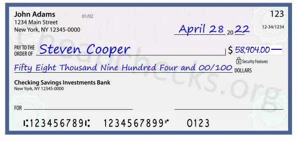 Fifty Eight Thousand Nine Hundred Four and 00/100 filled out on a check