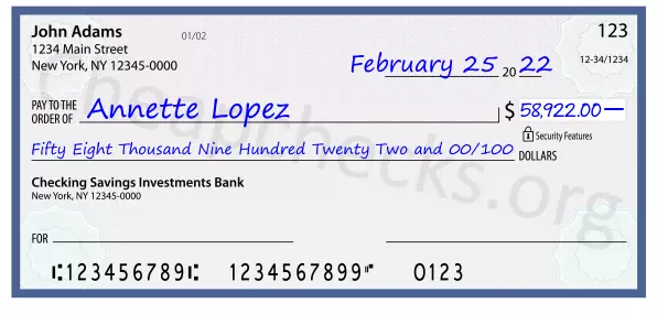 Fifty Eight Thousand Nine Hundred Twenty Two and 00/100 filled out on a check