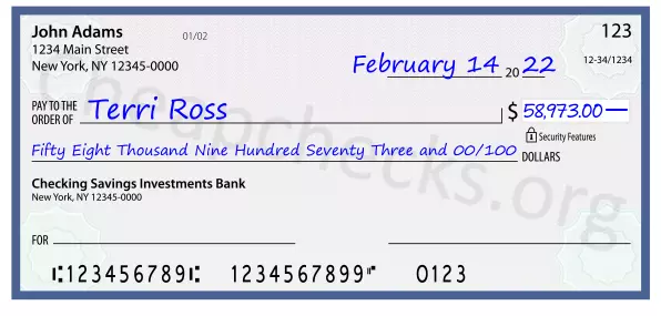 Fifty Eight Thousand Nine Hundred Seventy Three and 00/100 filled out on a check