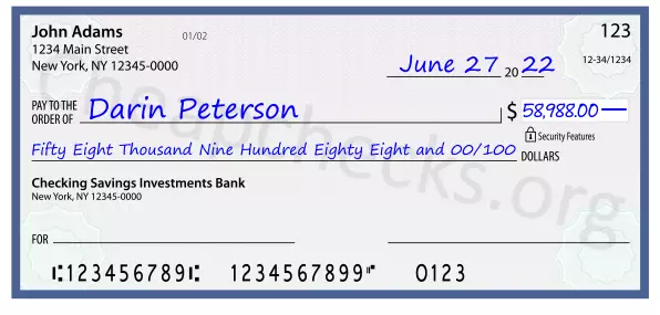 Fifty Eight Thousand Nine Hundred Eighty Eight and 00/100 filled out on a check