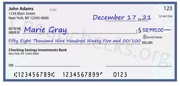 Fifty Eight Thousand Nine Hundred Ninety Five and 00/100 filled out on a check