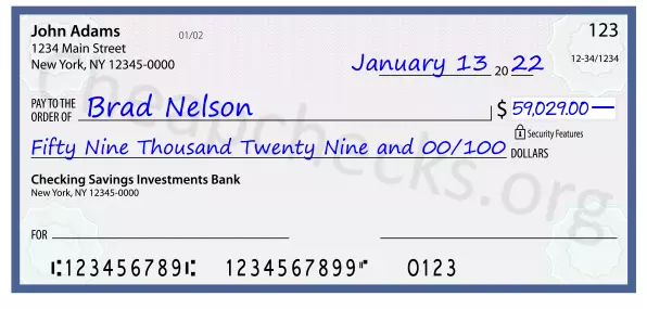 Fifty Nine Thousand Twenty Nine and 00/100 filled out on a check