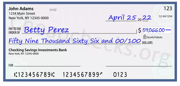 Fifty Nine Thousand Sixty Six and 00/100 filled out on a check