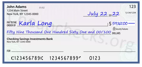 Fifty Nine Thousand One Hundred Sixty One and 00/100 filled out on a check