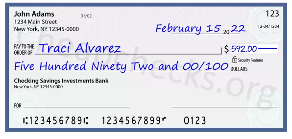 Five Hundred Ninety Two and 00/100 filled out on a check