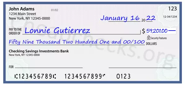 Fifty Nine Thousand Two Hundred One and 00/100 filled out on a check