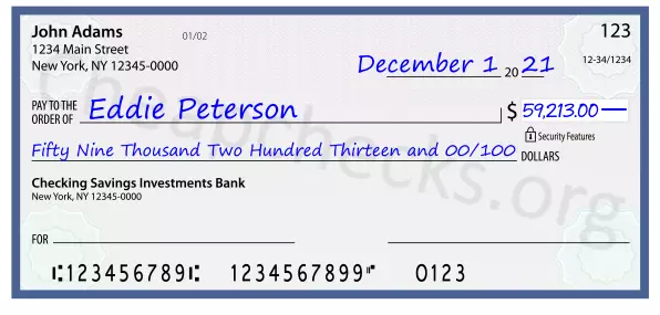 Fifty Nine Thousand Two Hundred Thirteen and 00/100 filled out on a check