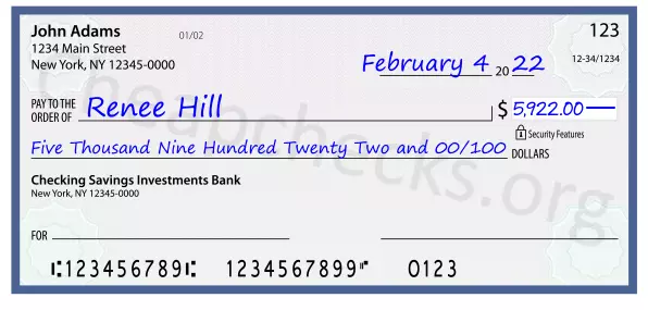 Five Thousand Nine Hundred Twenty Two and 00/100 filled out on a check