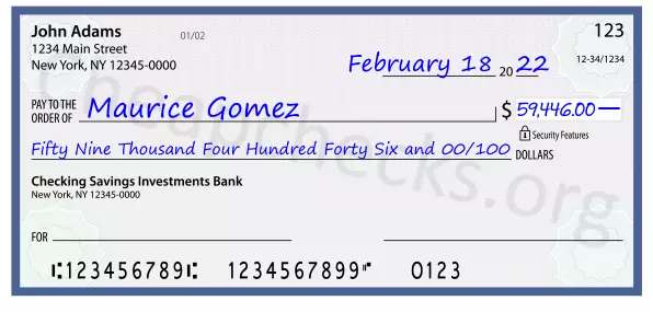 Fifty Nine Thousand Four Hundred Forty Six and 00/100 filled out on a check