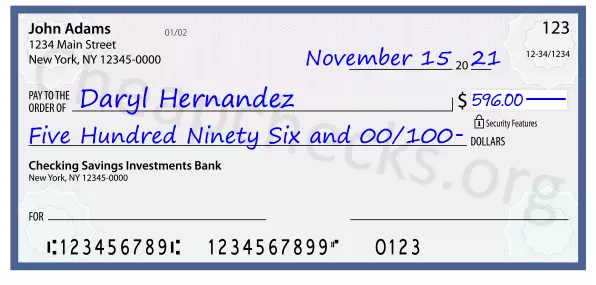 Five Hundred Ninety Six and 00/100 filled out on a check