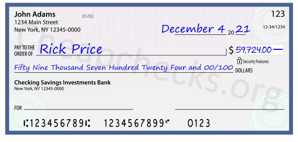 Fifty Nine Thousand Seven Hundred Twenty Four and 00/100 filled out on a check