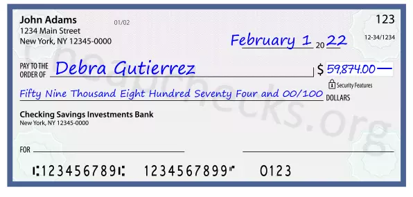 Fifty Nine Thousand Eight Hundred Seventy Four and 00/100 filled out on a check