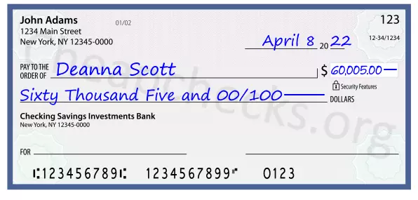 Sixty Thousand Five and 00/100 filled out on a check