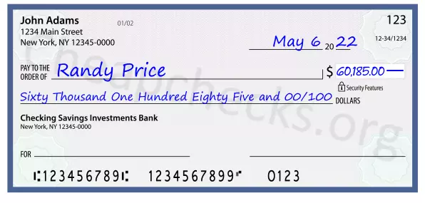 Sixty Thousand One Hundred Eighty Five and 00/100 filled out on a check