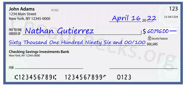 Sixty Thousand One Hundred Ninety Six and 00/100 filled out on a check