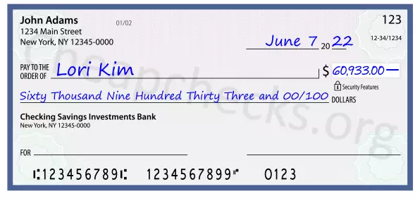 Sixty Thousand Nine Hundred Thirty Three and 00/100 filled out on a check