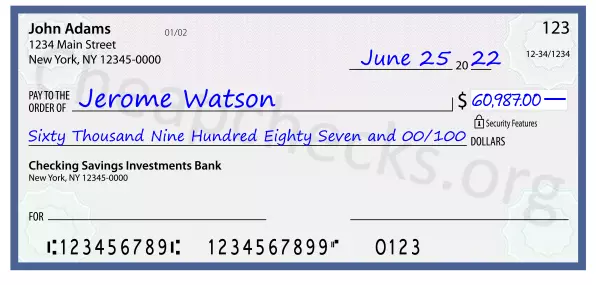 Sixty Thousand Nine Hundred Eighty Seven and 00/100 filled out on a check