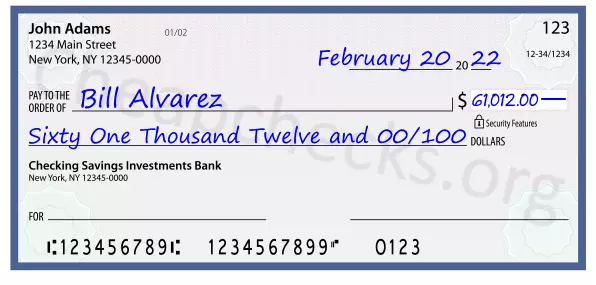 Sixty One Thousand Twelve and 00/100 filled out on a check