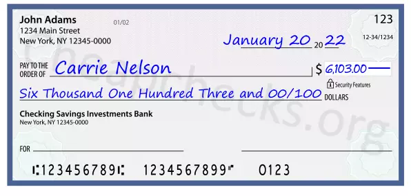 Six Thousand One Hundred Three and 00/100 filled out on a check