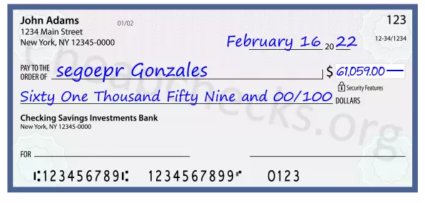 Sixty One Thousand Fifty Nine and 00/100 filled out on a check