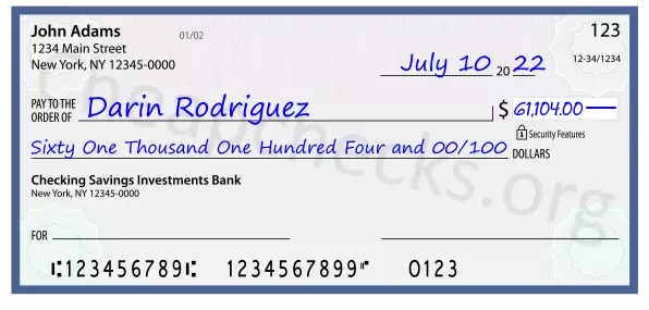 Sixty One Thousand One Hundred Four and 00/100 filled out on a check