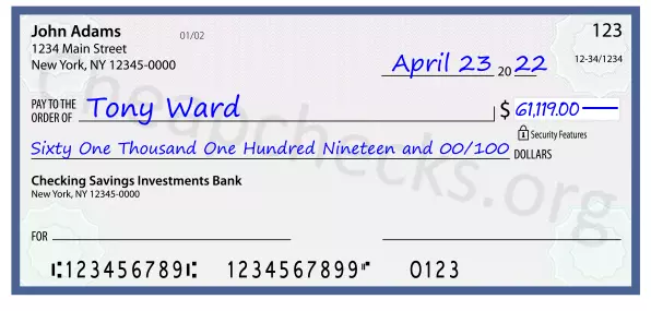 Sixty One Thousand One Hundred Nineteen and 00/100 filled out on a check