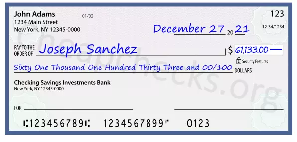 Sixty One Thousand One Hundred Thirty Three and 00/100 filled out on a check