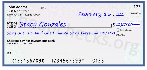 Sixty One Thousand One Hundred Sixty Three and 00/100 filled out on a check