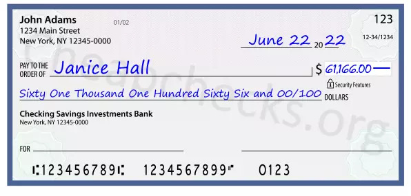 Sixty One Thousand One Hundred Sixty Six and 00/100 filled out on a check