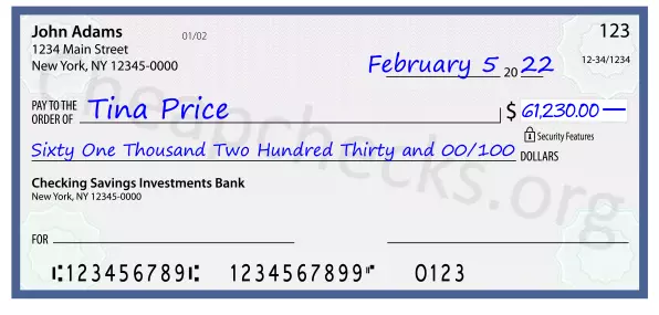 Sixty One Thousand Two Hundred Thirty and 00/100 filled out on a check