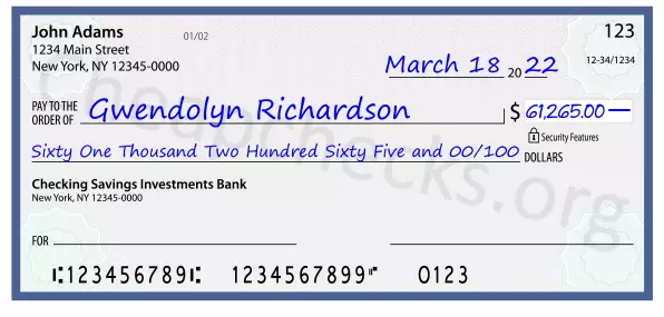 Sixty One Thousand Two Hundred Sixty Five and 00/100 filled out on a check