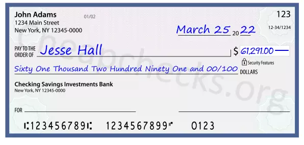 Sixty One Thousand Two Hundred Ninety One and 00/100 filled out on a check