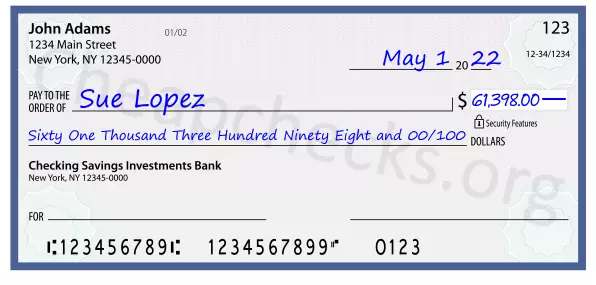 Sixty One Thousand Three Hundred Ninety Eight and 00/100 filled out on a check