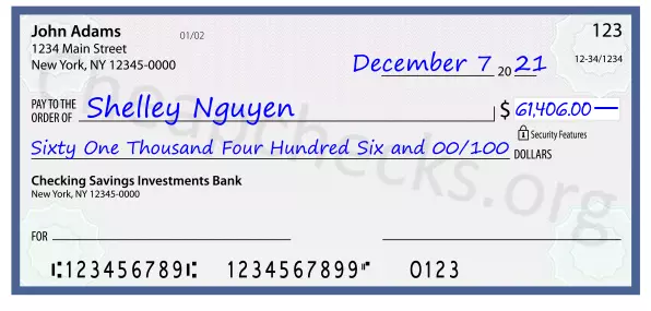 Sixty One Thousand Four Hundred Six and 00/100 filled out on a check