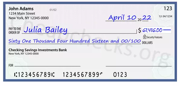 Sixty One Thousand Four Hundred Sixteen and 00/100 filled out on a check