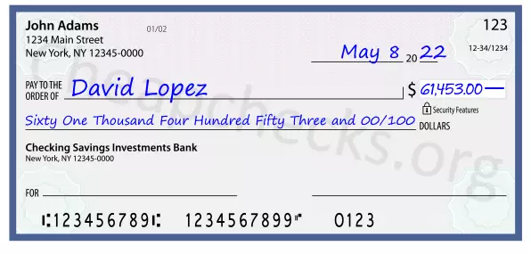 Sixty One Thousand Four Hundred Fifty Three and 00/100 filled out on a check