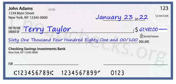 Sixty One Thousand Four Hundred Eighty One and 00/100 filled out on a check