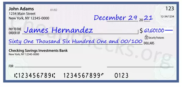 Sixty One Thousand Six Hundred One and 00/100 filled out on a check