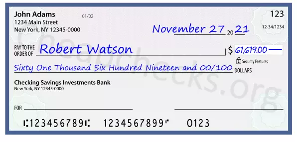 Sixty One Thousand Six Hundred Nineteen and 00/100 filled out on a check