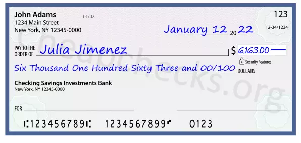 Six Thousand One Hundred Sixty Three and 00/100 filled out on a check