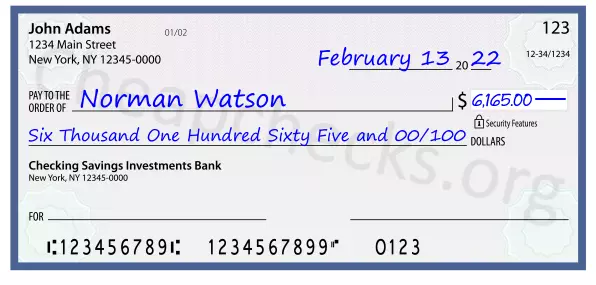 Six Thousand One Hundred Sixty Five and 00/100 filled out on a check