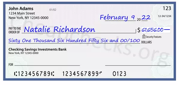 Sixty One Thousand Six Hundred Fifty Six and 00/100 filled out on a check