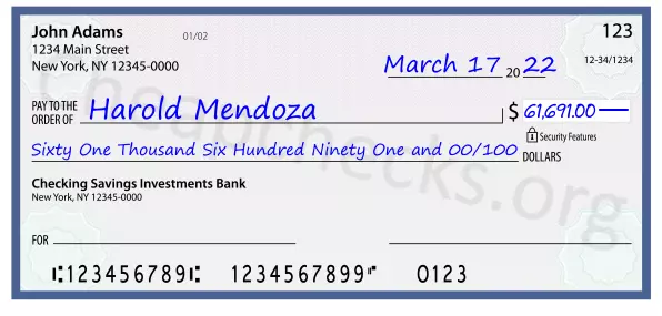 Sixty One Thousand Six Hundred Ninety One and 00/100 filled out on a check