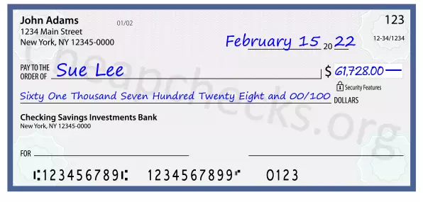 Sixty One Thousand Seven Hundred Twenty Eight and 00/100 filled out on a check