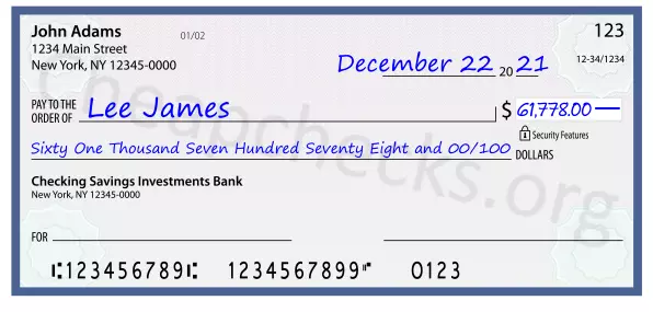 Sixty One Thousand Seven Hundred Seventy Eight and 00/100 filled out on a check