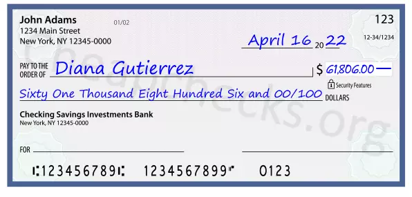 Sixty One Thousand Eight Hundred Six and 00/100 filled out on a check