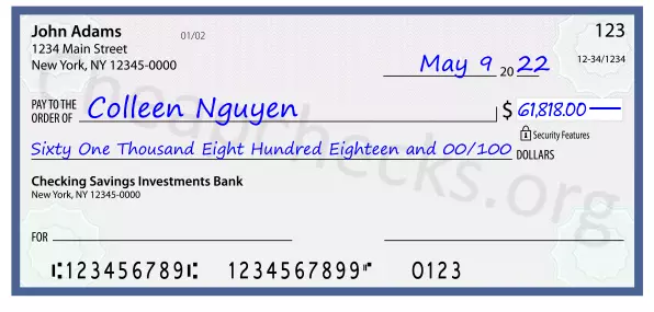 Sixty One Thousand Eight Hundred Eighteen and 00/100 filled out on a check