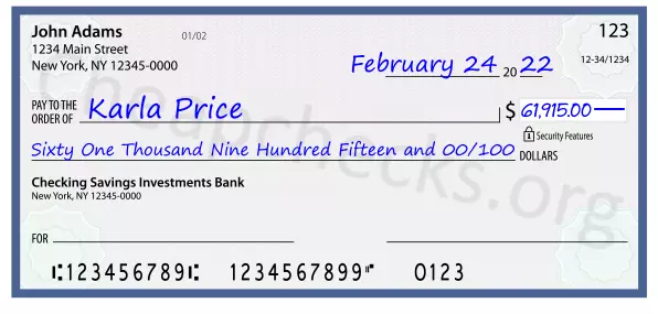 Sixty One Thousand Nine Hundred Fifteen and 00/100 filled out on a check