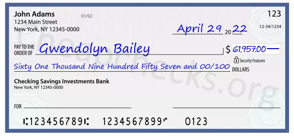 Sixty One Thousand Nine Hundred Fifty Seven and 00/100 filled out on a check