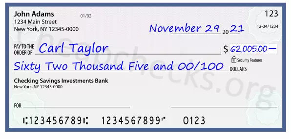 Sixty Two Thousand Five and 00/100 filled out on a check